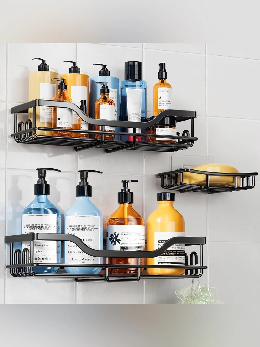 Black Wall-Mount Shower Caddy Shelf - Modern Bathroom Storage 3 pack